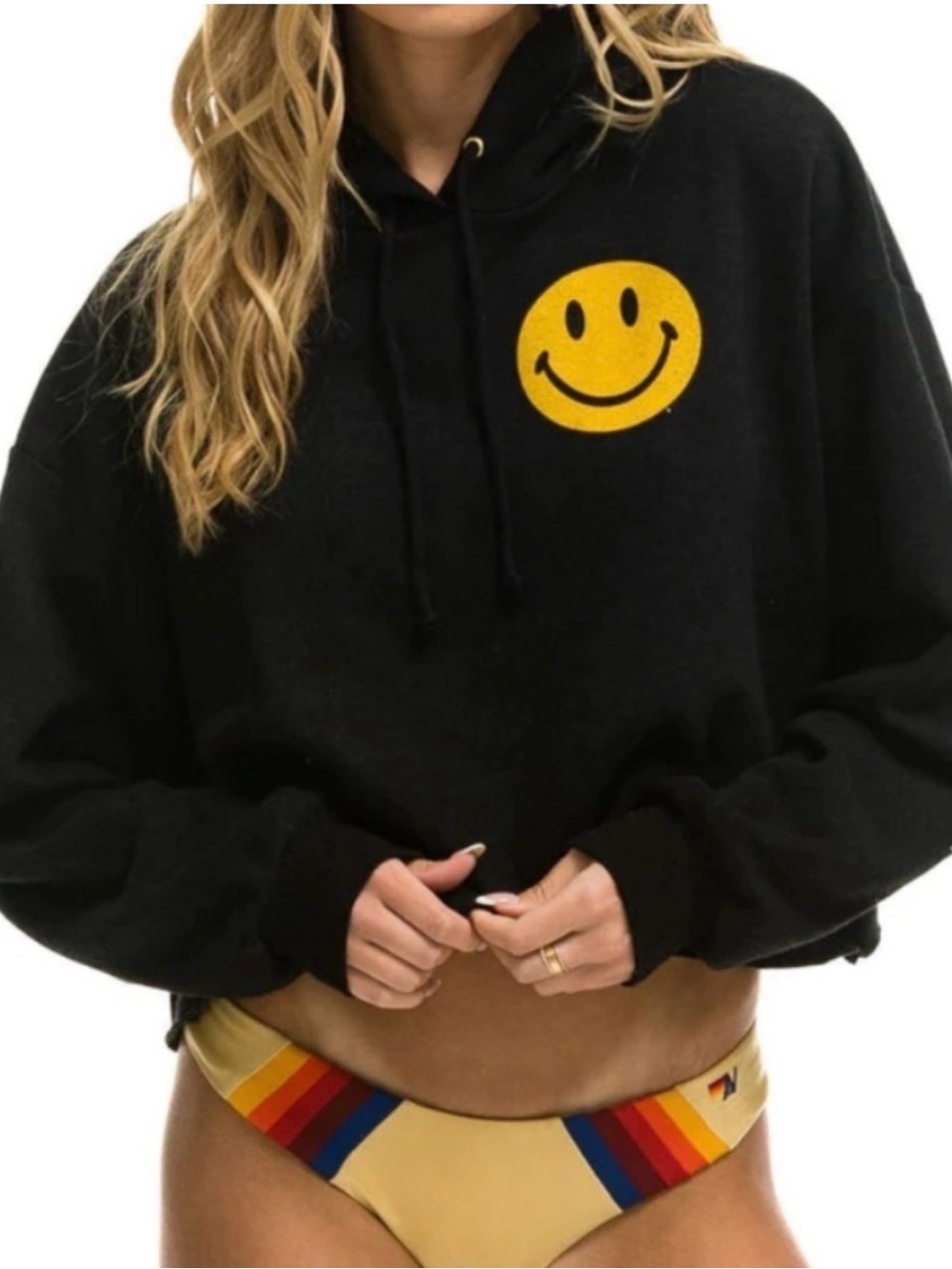 Aviator Nation Black Smiley Logo Cropped Hoodie